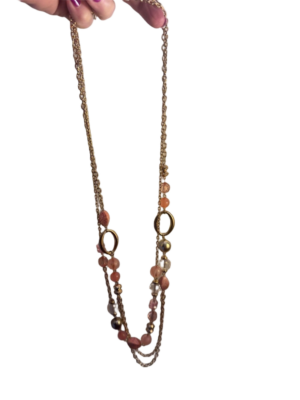 Gold Layered Necklace with Pink Beads - Women Jewelry